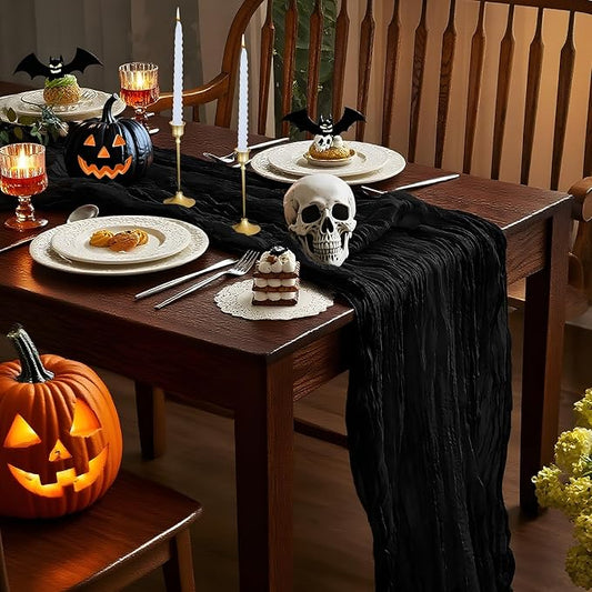 IVAPUPU 10 Pcs Cheesecloth Halloween Table Runner - 10ft Black Boho Gauze Black Cheese Cloth Table Runners for Halloween Decor Indoor Baby Shower Decoration Wedding Party Summer Garden Farmhouse