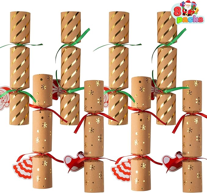 JOYIN 8 Pcs 10” Christmas Non-Snap Party Table Favor with Classic Design, with Party Hat, Joke & Little Gift Inside, for Xmas Gift, Christmas Seasonal Holiday Dinner Traditions