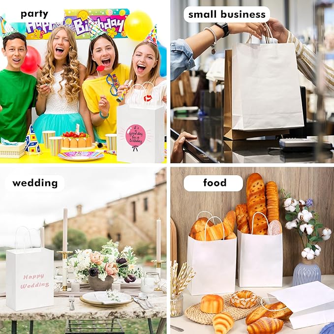 OUTUXED 120pcs Gift Bags - White Kraft Paper Bags with Handles, Medium Size 7.1x3.6x9.3in - Perfect for Parties and Businesses