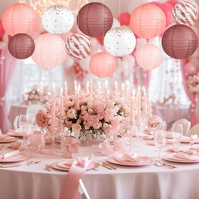 12PCS Rose Gold Back to School Vintage Floral Wedding Hanging Paper Lanterns Decorations Rose Gold Birthday Decorations Bachelorette Bridal Showers Mothers Day Party Supplies