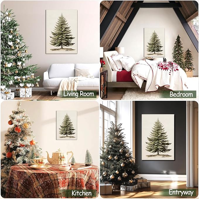 AbcCustomize Vintage Christmas Tree Canvas Wall Art, Botanical Pine Tree Print Poster, Rustic Holiday Canvas Wall Art for Christmas Decorations, Gifts and Winter Decor, Ready to Hang