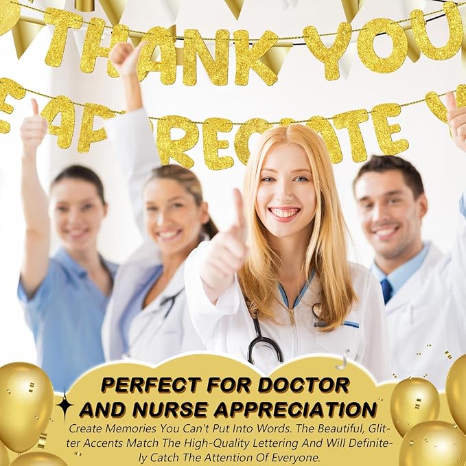Fulmoon Pre Strung Thank You We Appreciate You Glitter Banner Funny Appreciation Banner for Employee Coworker Staff Teacher Thank Sign Party Decorations(Gold)