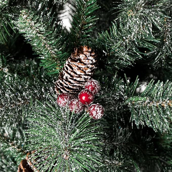 Glitzhome 5ft Prelit Christmas Tree Set of 2, Artificial Flocked Christmas Porch Tree with Lights, 372 PVC & Pine Needle Tips, Red Berries&Pine Cones, Potted Christmas Tree for Enrance Porch Decor