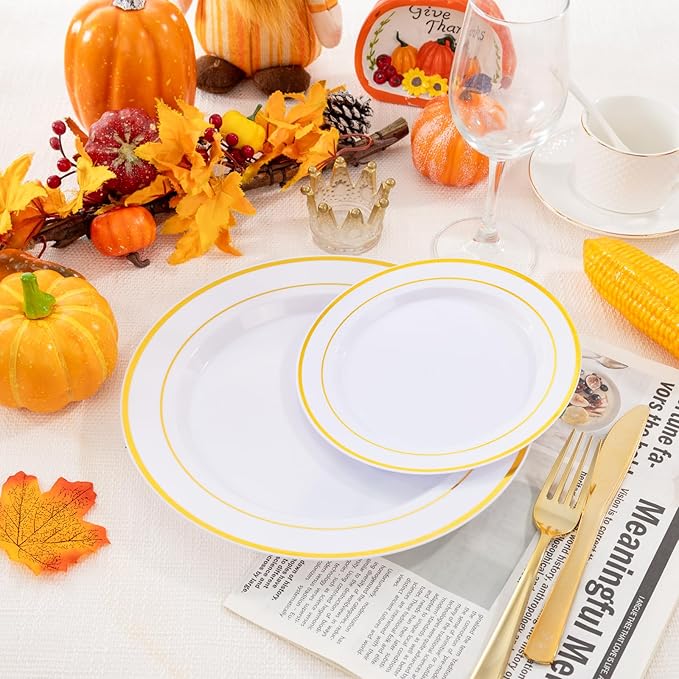 FLOWERCAT 60PCS Gold Plastic Plates - Heavy Duty White and Gold Plastic Plates Disposable for New Year/Thanksgiving Party/Wedding - Include 30PCS 10.25" Dinner Plates and 30PCS 7.5" Dessert Plates
