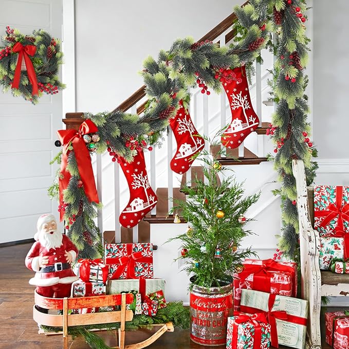 RECUTMS Christmas Garland with Red Berries Decorative Pine Cones and Artificial Holly Berries Artificial Garland for Indoor and Outdoor Greenery Wreath for Holiday Home Table Decor(Light Green)