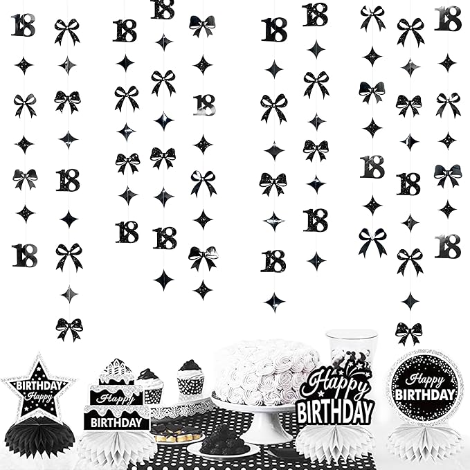 Black 18th Bow Birthday Decorations Glitter Conquette Bow Garland Streamer Banner Backdrop for Girls Boys Happy 18th Birthday Time to Adult Cheers to 18 Years Old Anniversary Party Supplies