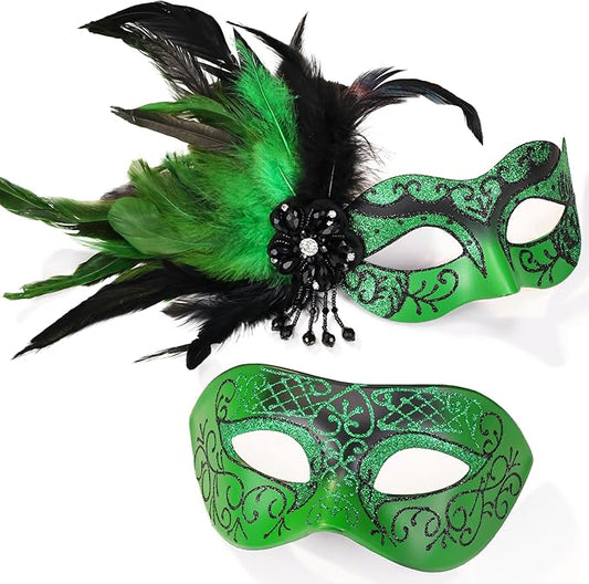 Green His and Hers Masquerade Masks Set -Feather Mascarade Mask for Couple & Venetian Mask for Masquerade Party, Mardi Gras, Halloween Cosplay Prom, Christmas