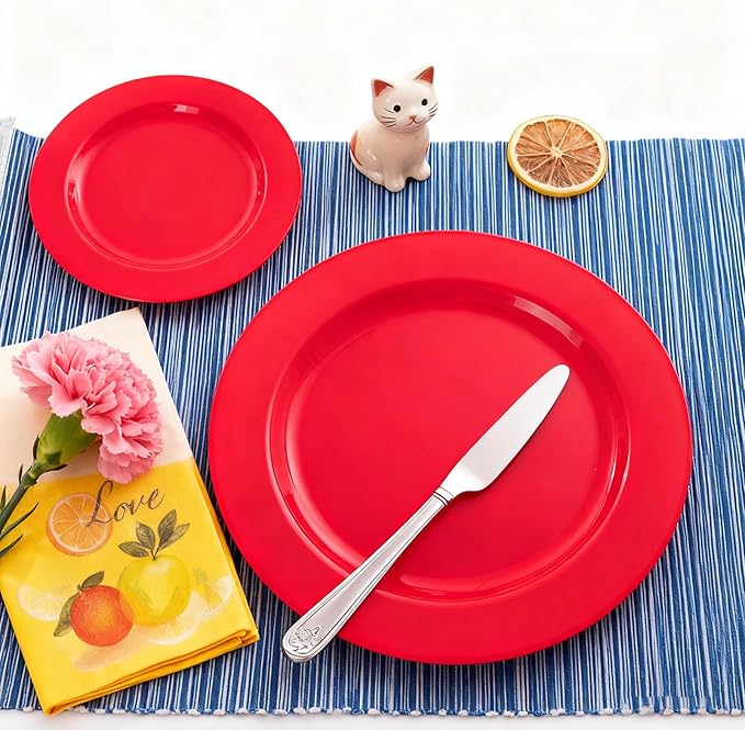 MENDENG 50PCS Red Plastic Plates for Party, 25x10.25 Dinner Plates & 25x7.5 Dessert Plates, Heavy Duty Disposable Plastic Plates for Party Birthday Christmas New Year