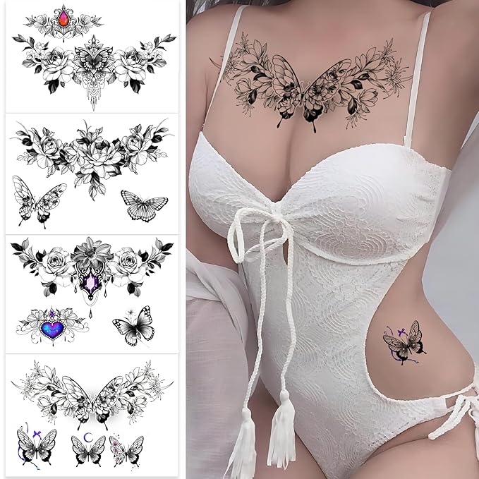 ROARHOWL Women Sexy Temporary Tattoo Sexy Tattoo Set Beautiful Exquisite 3D Realistic Flowers, Butterfly, Abdominate, Chest, Waist and Back Applied Fake Tattoo for Girls ((Design 2))