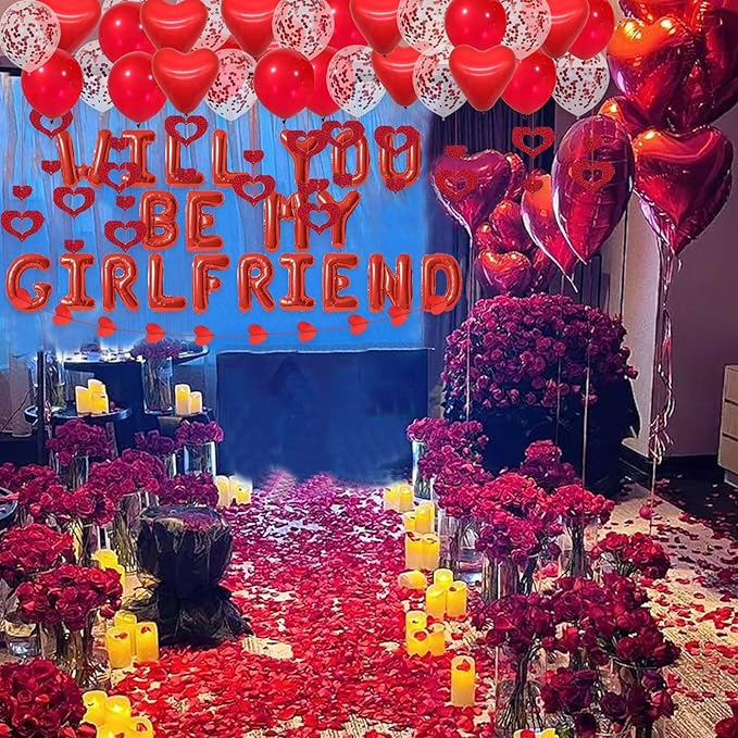 Valentine's Day Decorations Red Will You Be My Girlfriend Balloons - 2000pcs Red Artificial Rose Petals 16" Letter Balloons 18" Foil Latex balloon 20 heart balloon Hanging Swirls Heart Banner