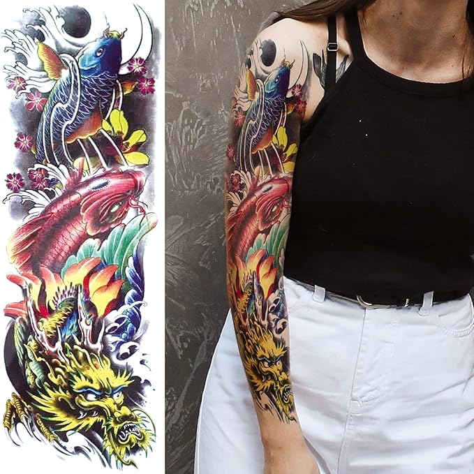 Realistic Dragon Temporary Tattoo Sleeve, 4-Sheet Full Arm Color Dragon Floral Fake Tattoo Sleeve Women Men Adult and 4-Sheet Large Flower Tiger Half Temp Tatoo Sticker Thigh Leg Makeup Body Art