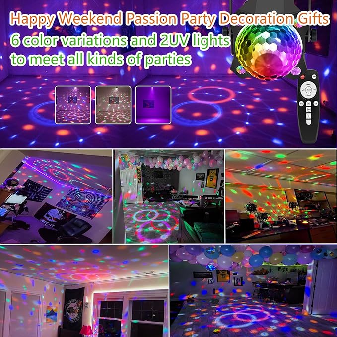 Disco Ball Light DJ Party Light，Sound Activated 6 Colors Stage Strobe Party Decorations for Outdoors and Indoors Home Club Karaoke Christmas Halloween Birthday Wedding Dancing Mood Lights