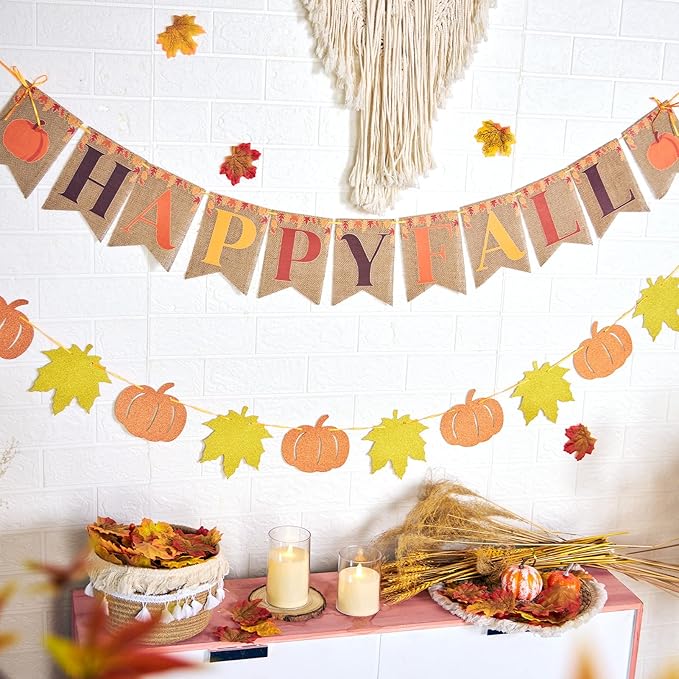 Pre-Strung Happy Fall Burlap Banner, Pumpkin Banner, and 100 Pcs Maple Leaf Confetti for Autumn Fall Thanksgiving Home Decorations