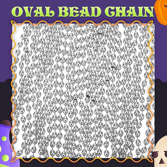 Riceshoot 200 Pcs Silver Bead Necklace Bulk Mardi Gras Oval Beads Necklace Party Favors 33" 7mm Metallic Color Beaded Costume Necklaces for Halloween Christmas Festive Event Accessories