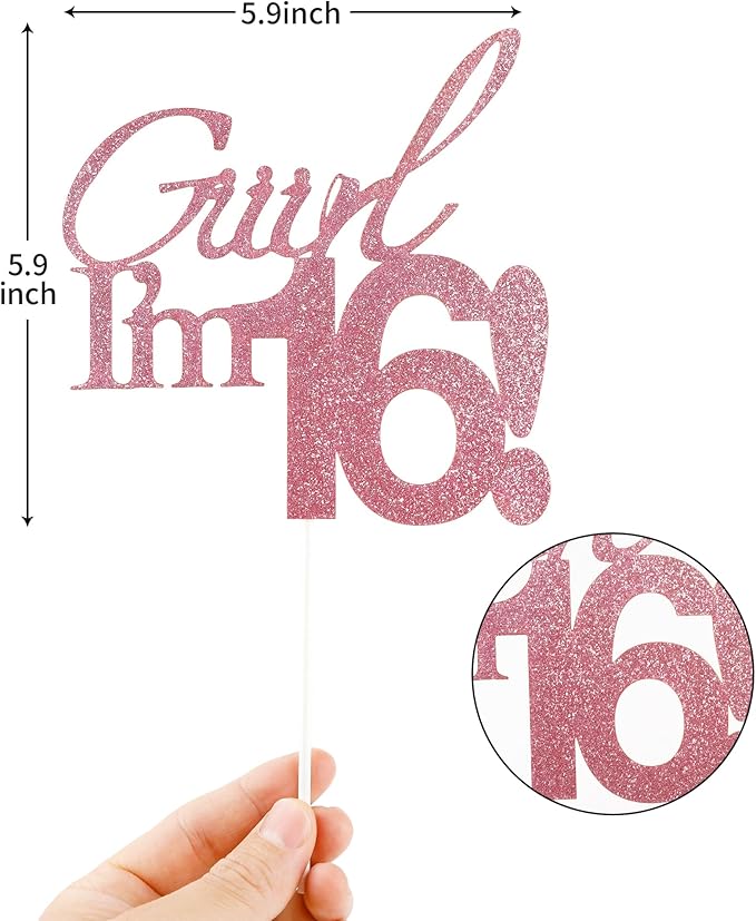Giiirl I'm 16 Cake Topper - Pink Glitter Sweet 16 Birthday Decorations for Girls, Funny 16th Party Supplies for Teens, Girly I'm 16 Cake Decor (Giiirl I’m 16！, 16th)