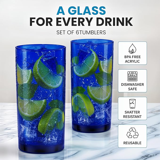 Zulay Kitchen Acrylic Glasses Drinkware - 6 Piece Unbreakable Plastic Tumblers - BPA-Free, Reusable Plastic Drinking Glasses for Home & Outdoors - Stackable, Lead-Free, Dishwasher Safe, Dark Blue 16oz