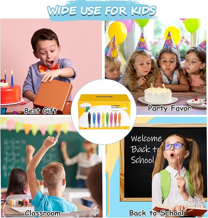 TAFULOR Invisible Ink Pen for Kids, Birthday Party Favors for Girls Boys, Spy Pens with UV Light Secret Message Magic Markers, Goody Bag Stuffers Toys for 4-12 Year Old Girls Boys Gift (8PCS)