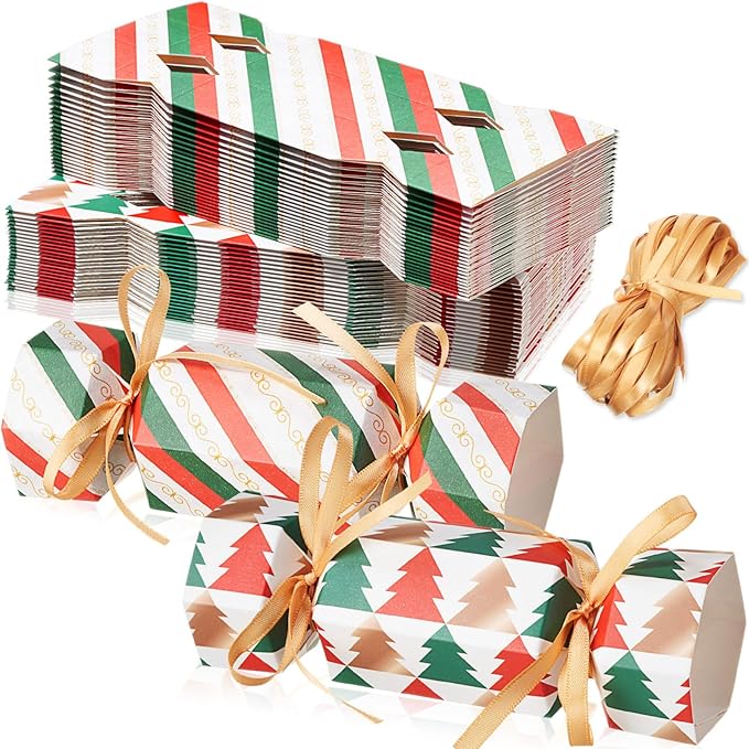 Xinnun 50 Packs Christmas Cracker Kit No Snap Xmas Party Table Favors Snowflake Reindeer DIY Christmas Party Cracker Candy Boxes for Holiday Dinner Decoration Gift(Diagonal Stripes)