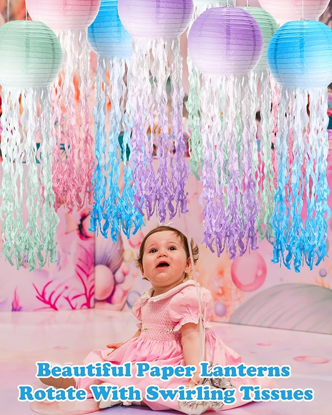 18 Pcs Jellyfish Paper Lanterns Jellyfish Lantern Hanging Decoration Ocean Theme Party Supplies Mermaid Birthday Decorations for Baby Shower Under The Sea Birthday Party Supplies(Gradient Color)