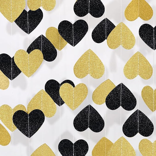 Black Gold Graduation Retirement Party Decorations: Metallic Glitter Heart Banner Garland Streamers Backdrop Confetti for Congratulations Birthday Wedding Anniversary New Year Décor - 52 Ft