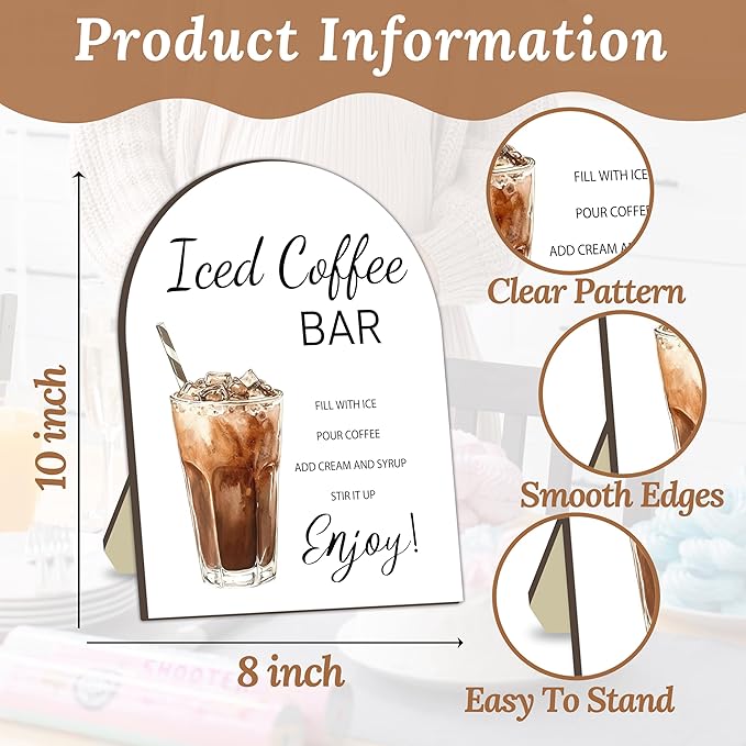 Iced Coffee Bar Wooden Table Sign, Iced Coffee Bar Sign for Baby Shower, Bride Shower Table Signs, Drinking Station Welcome Board, Caffeinated Drink Board for Baby Party, Bridal Party Drink Sign 8x10