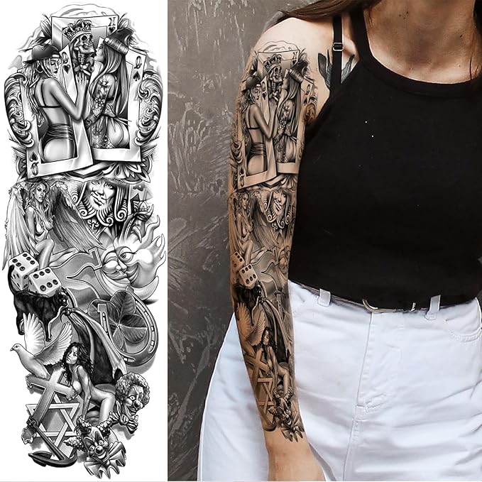 Pirate Skull Temporary Tattoo Sleeves for Men, 4-Sheet Full Arm Large Flower Skeleton Octopus Fake Tattoo Sleeve Adult Women and 4-Sheet Black 3D Anchor Clock Eye Half Temp Tatoo Sticker Leg Body Art