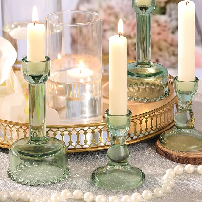 Circle Candlestick Holders Bulk, 6 Pcs Green Combination Candle Holders Set, Crystal Candle Holders for Wedding, Table Centerpiece, Home Decoration