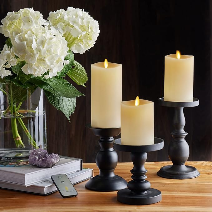 Luminara Realistic Flameless LED Set of 3 Ivory Pillar Candles, Home Safe Moving Flame Melted Top Illumination, Battery Operated Remote Control w/Timer