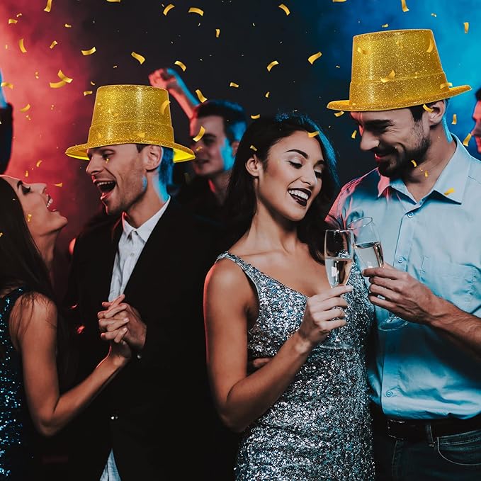 Hillban 50 Pack Glitter Top Hats Bulk Happy New Year Shiny Magician Top Hat for Adults Costume Party