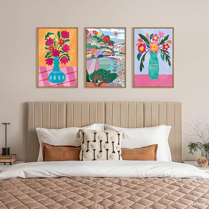HOURIA Colorful Flower Field Landscape Framed Canvas Wall Art Set,Abstract Pink Floral Vase Wall Decor,Natural Botanical Tree Artwork,Modern Sunrise Art Prints for Living Room,Farmhouse-16 x24 x3