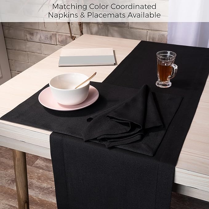 D'Moksha Homes Black Table Runner 14 x 48 Inch - Faux Linen Coffee Table Runner - Wrinkle Resistant, Machine Washable Ideal for Dresser, Fall, Thanksgiving, Holiday - 100% Recycled Fabric