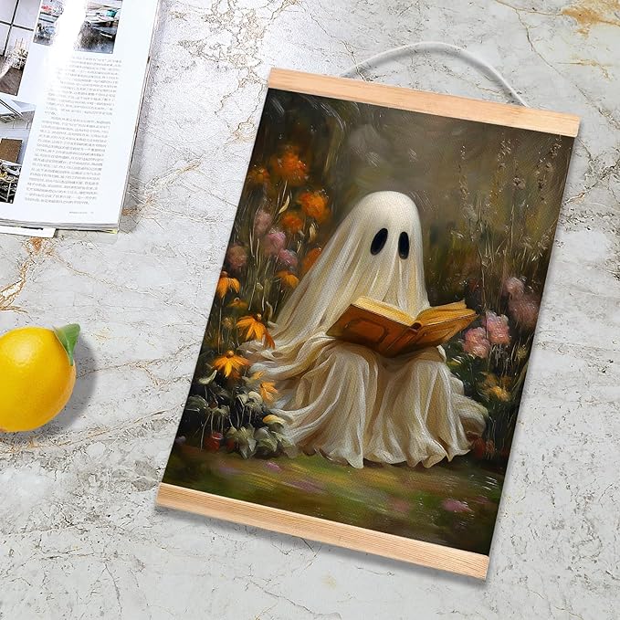 Rustic Ghost is Reading a Book Wall Art 18.5x14 Inch,Fun Ghost Linen Canvas Wall Hanging Poster Decor, Retro Gothic Haunted House Theme Wall Poster for Library Reading Corner,Halloween Decorations (BLK07)