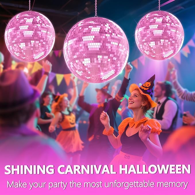 12 inch Pink Disco Ball, Hanging Mirror Ball, Wedding Decoration Disco Light Ball, Stage Lighting Effect，12/16/20 inch Home,Stage and Bar Glittering Decoration (12inch-Pink)