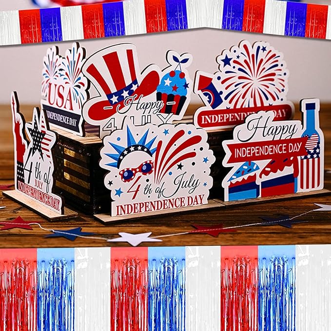 6 Pack 10 Feet Foil Fringe Garland Metallic Tinsel Streamers Banner Wall Hanging Backdrop for Parade Floats, Bachelorette, Wedding, Birthday, Independence Day Party Decorations(Red Blue White)