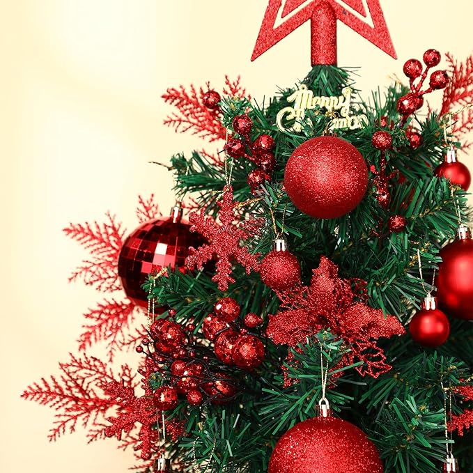 Sratte 94 Pcs Christmas Tree Decorations Set, Christmas Tree Ball Ornaments Glitter Poinsettia Flowers Decorations Glitter Berries Stems for Xmas Holiday Wedding(Red)