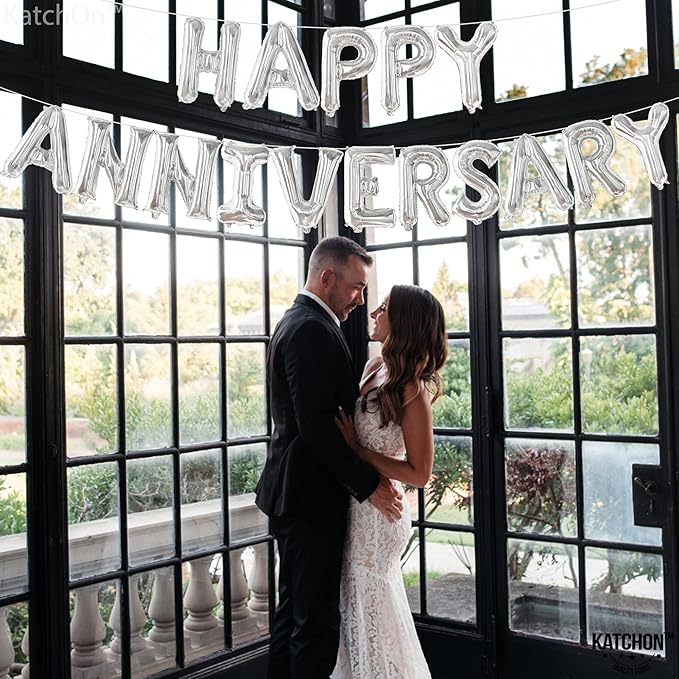 KatchOn Balloons - Letters 'Happy Anniversary' 16 Inch | Banner, Backdrop & Balloon Banner for Silver Anniversary Decor