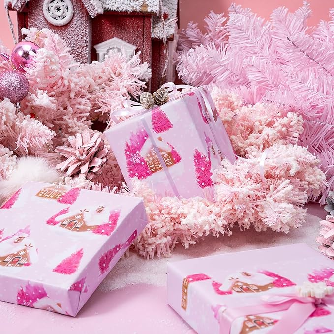 WRAPAHOLIC 30 Inch Jumbo Reversible Christmas Wrapping Paper - 30 Inch x 100 Feet Jumbo Roll Pink Gingerbread House and Solid Pink Wrapping Paper for Christmas, Holiday, Party Celebration