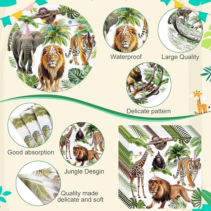 452 Pcs Wild Animals Birthday Party Decorations for 50, Jungle Themed Paper Plates Napkins Cups Tablecloth Cutlery Straws Safari Zoo Tableware Set for Baby Shower Gender Reveal Party Supplies