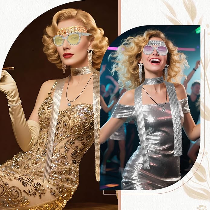 6 Pcs 70s Women Disco Accessories Sequin Scarf Headband Bracelet Necklace Earrings Sunglasses for Halloween Disco Costume