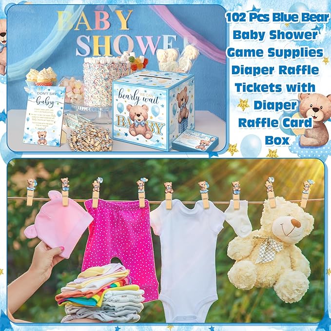 102 Pcs Bear Pins for Baby Shower Game Theme Supplies Diaper Raffle Tickets with Diaper Raffle Card Box Don't Say Baby Sign Mini Clothespin Shower Game Decor for Gender Reveal(Blue Bear)