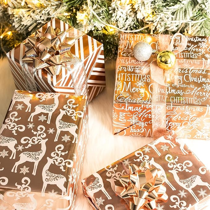 MAYPLUSS Christmas Wrapping Paper Roll - Mini Roll - 17 inch X 120 inch Per roll - 3 Different Rose Gold Design with Glitter Metallic Foil Shine (42.3 sq.ft.ttl)