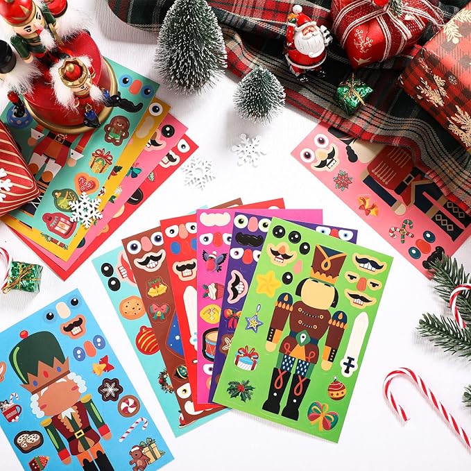 48 Sheets Christmas Nutcracker Fun Sticker Set Make a Face Toy for Kids Create Your Own Faces Nutcracker Ornament Xmas DIY Craft Self Adhesive Decal Gift Bag Stuffer Classroom Party Favor