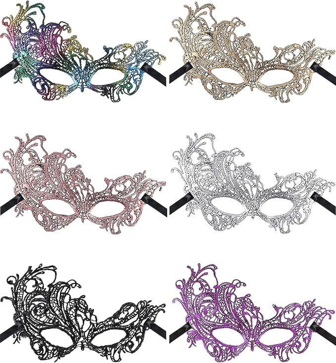 JOVITEC 6 Pieces Masquerade Mask for Women Halloween Lace Multicolored Venetian Mask for Carnival Mardi Gras Evening Prom