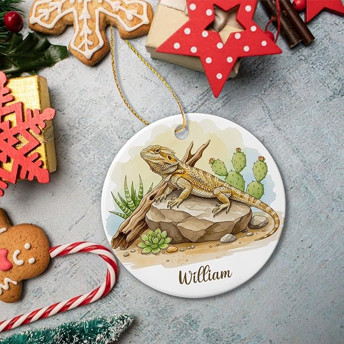 Personalized Bearded Dragon Ceramic Ornament, Reptile Animal Keepsake Gift for Men Women Lizard Lovers, Custom Pet Bearded Dragon Christmas Ornament with Name, Novelty Lizard Xmas Tree Decoration