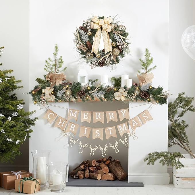 GarveeHome Christmas Garland with Lights for Mantle 6 ft, Lighted Outdoor Xmas Garland with 20 Battery Operated LED Gold Balls Pine Cones Antlers for Fireplace Front Door Stair Railing Window Decor
