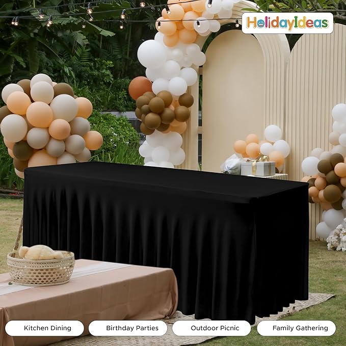 HolidayIdeas Black Spandex Table Skirts for Rectangle Tables 6ft, Fitted Stretch Table Cover 30x72 Inch, Wrinkle-Free Ruffle Design Tablecloths for Banquets,Trade Shows, Parties, Events, 2 Pack