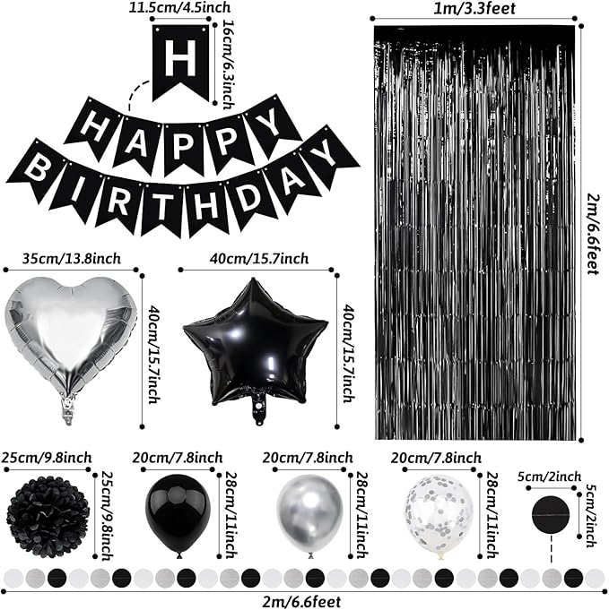 ZERODECO Black White Birthday Party Decorations, Happy Birthday Banner Pompoms White Black Balloon Arch Fringe Curtain Party Décor for Men Women Black and White Party