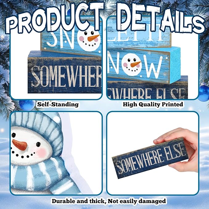 4 Pcs Snowman Christmas Table Decorations Winter Tiered Tray Decor Christmas Centerpiece Rustic Blue and White Decorative Snowman Block Sign Gift for Winter Wonderland Party Home Kitchen