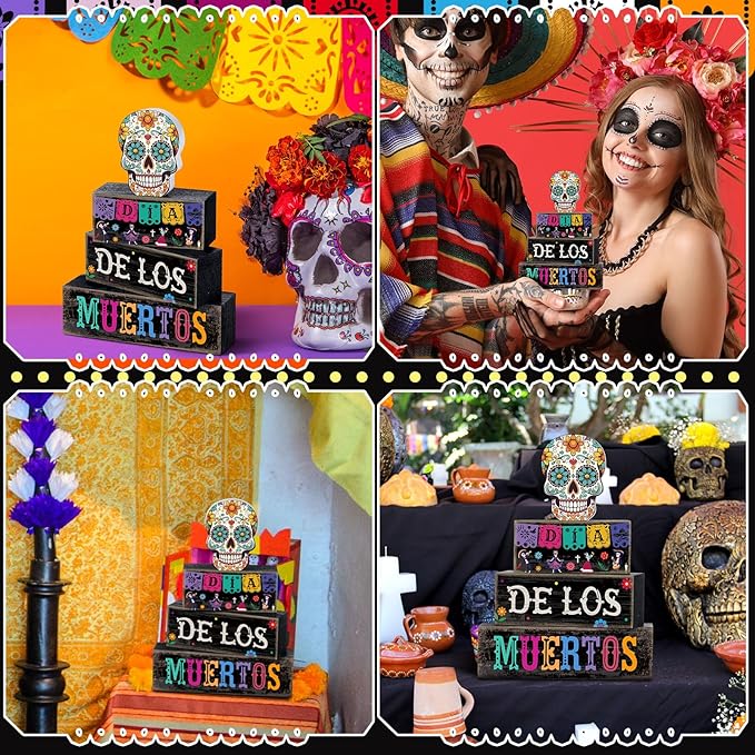 4 Pcs Day of The Dead Table Decorations Day of The Dead Centerpiece for Table Dia De Los Muertos Tiered Tray Decor Wood Sugar Skull Block Signs for Halloween Party Home Shelf Decoration