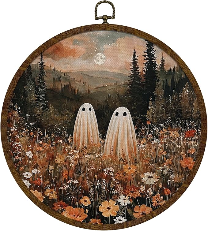 Funny Halloween Ghost Round Wall Art,Gothic Canvas Wall Hanging Decor, Spooky Farmhouse Vintage Round Wall Art for Bedroom Living Room Entryway, Rustic Ghost Gothic Wall Decor,Gift for Halloween 10x10Inch (Orange-Ghost02)